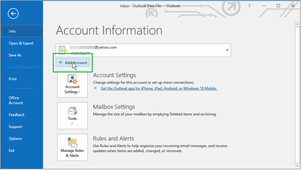 how to configure yahoo in outlook 2016