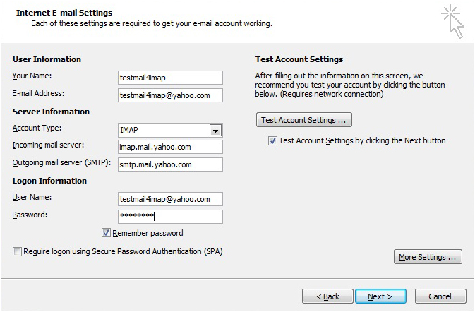 yahoo imap server settings outlook 2010