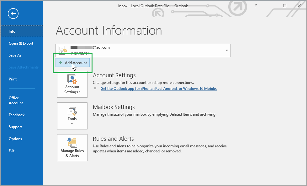 AOL Mail Account To Outlook 2016 Using IMAP