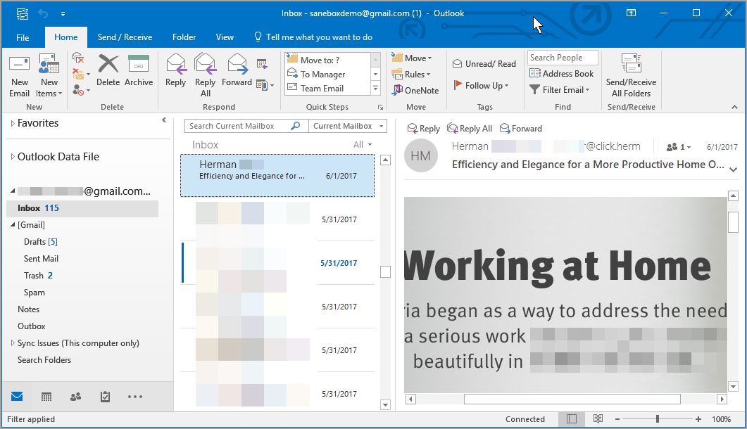 Outlook 2016 Gmail Inbox view