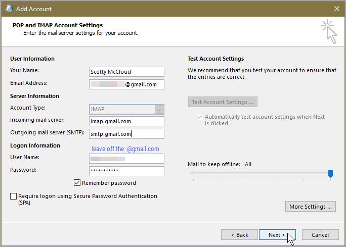 gmail ports for outlook imap