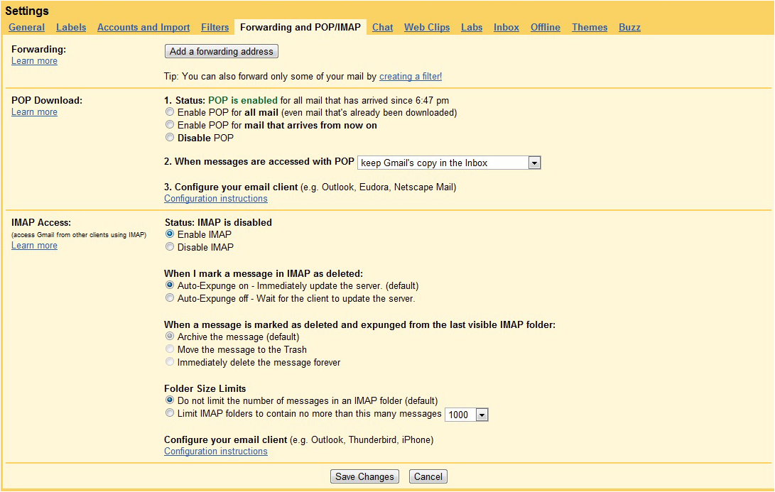 imap folder account settings for outlook 2007