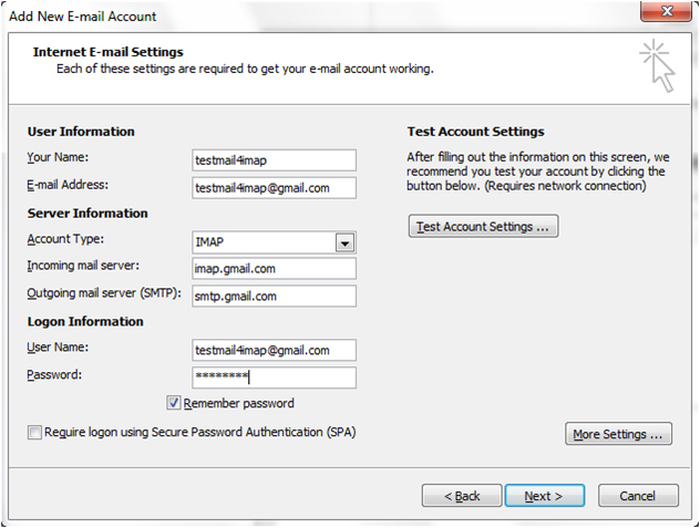 outlook cannot log onto gmail incoming mail server imap