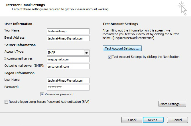 gmail account settings for outlook 2010 using imap