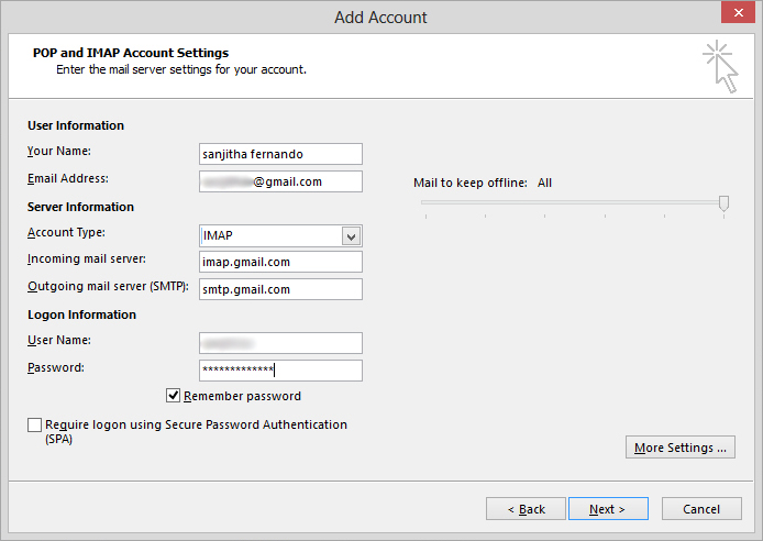 gmail account settings for outlook express